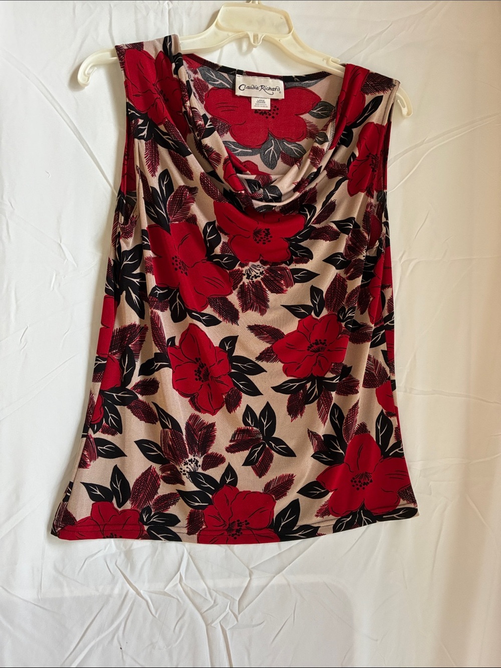 Claudia Richard Red & Black Floral Cowl Neck Tank on Cream